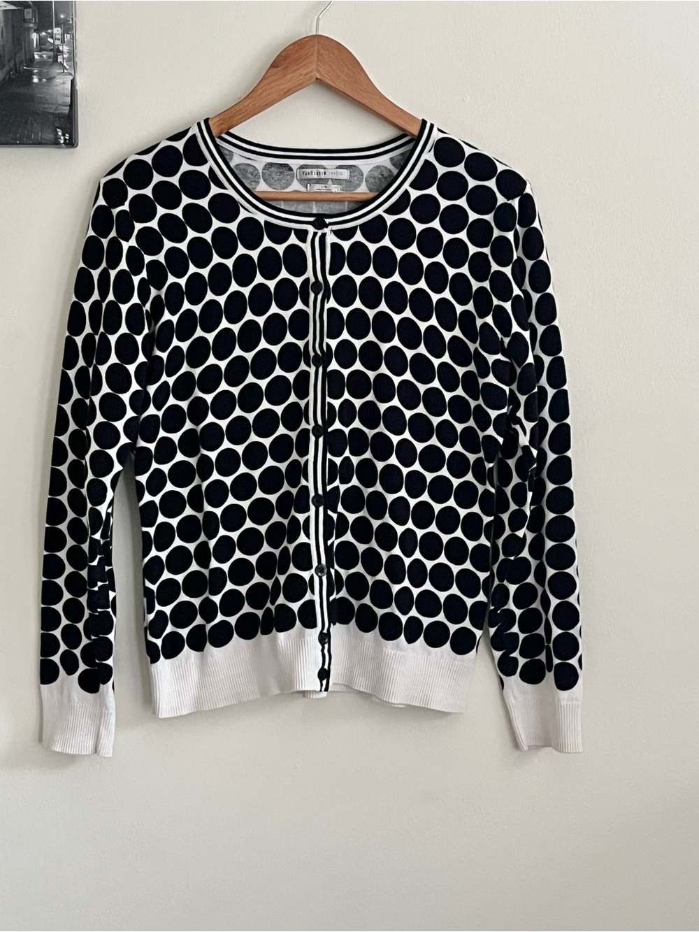 Van Heusen Black and White Polka Dot Button-Front Cardigan- Large PTP 20 inch
